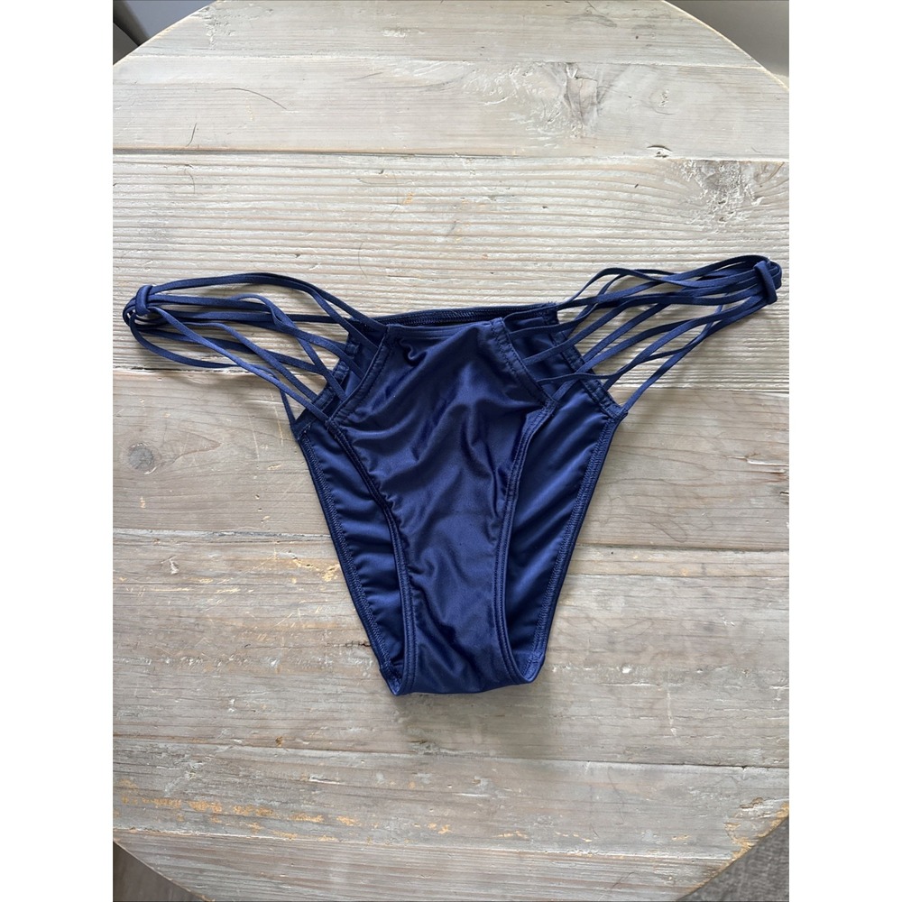 VICTORIA'S SECRET blue SATIN STRAPPY RARE 2014 CHEEKINI PANTIES Women's Med NWT